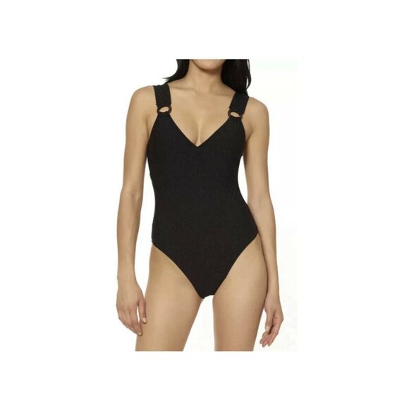 Jessica Simpson V Neck One Piece Tie Back Swimsuit Black Copper Metallic SZ M - Picture 1 of 7